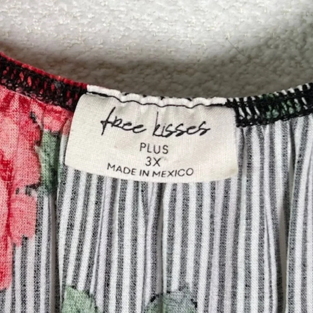 FREE KISSES Casual Blouse Women Scoop Neck Stripes & Roses Tunic Plus Size 3X - Picture 2 of 6